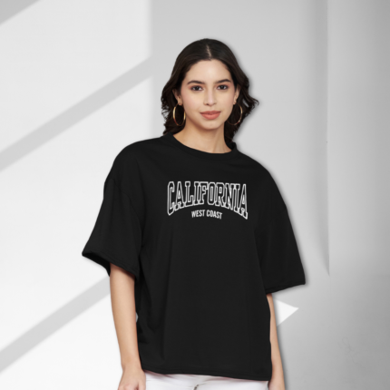 Trend Level Half Sleeve Oversized T-shirt for Women, Round Neck Longline Drop Shoulder, Colorful Printed T-Shirt (California)-Black