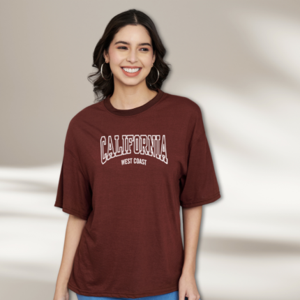 Trend Level Half Sleeve Oversized T-shirt for Women, Round Neck Longline Drop Shoulder, Colorful Printed T-Shirt (California)-Brown