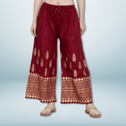 Trend Level Foil Print Palazzo Pant Sharara Women & Grils-Foil Maroon