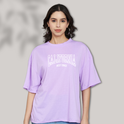 Trend Level Half Sleeve Oversized T-shirt for Women, Round Neck Longline Drop Shoulder, Colorful Printed T-Shirt (California)-Levender