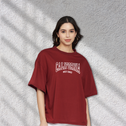Trend Level Half Sleeve Oversized T-shirt for Women, Round Neck Longline Drop Shoulder, Colorful Printed T-Shirt (California)-Maroon