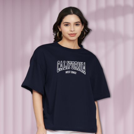 Trend Level Half Sleeve Oversized T-shirt for Women, Round Neck Longline Drop Shoulder, Colorful Printed T-Shirt (California)-Navy Blue