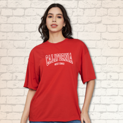 Trend Level Half Sleeve Oversized T-shirt for Women, Round Neck Longline Drop Shoulder, Colorful Printed T-Shirt (California)-Red