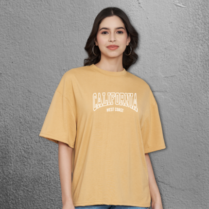 Trend Level Half Sleeve Oversized T-shirt for Women, Round Neck Longline Drop Shoulder, Colorful Printed T-Shirt (California)-Skin