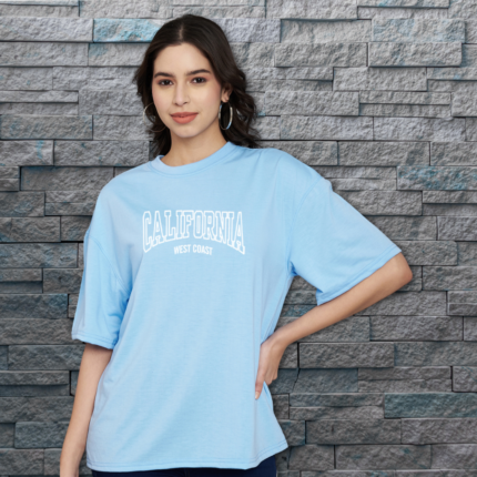 Trend Level Half Sleeve Oversized T-shirt for Women, Round Neck Longline Drop Shoulder, Colorful Printed T-Shirt (California)-Sky Blue
