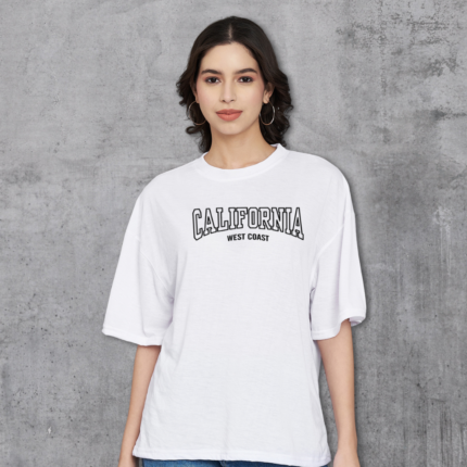 Trend Level Half Sleeve Oversized T-shirt for Women, Round Neck Longline Drop Shoulder, Colorful Printed T-Shirt (California)-White